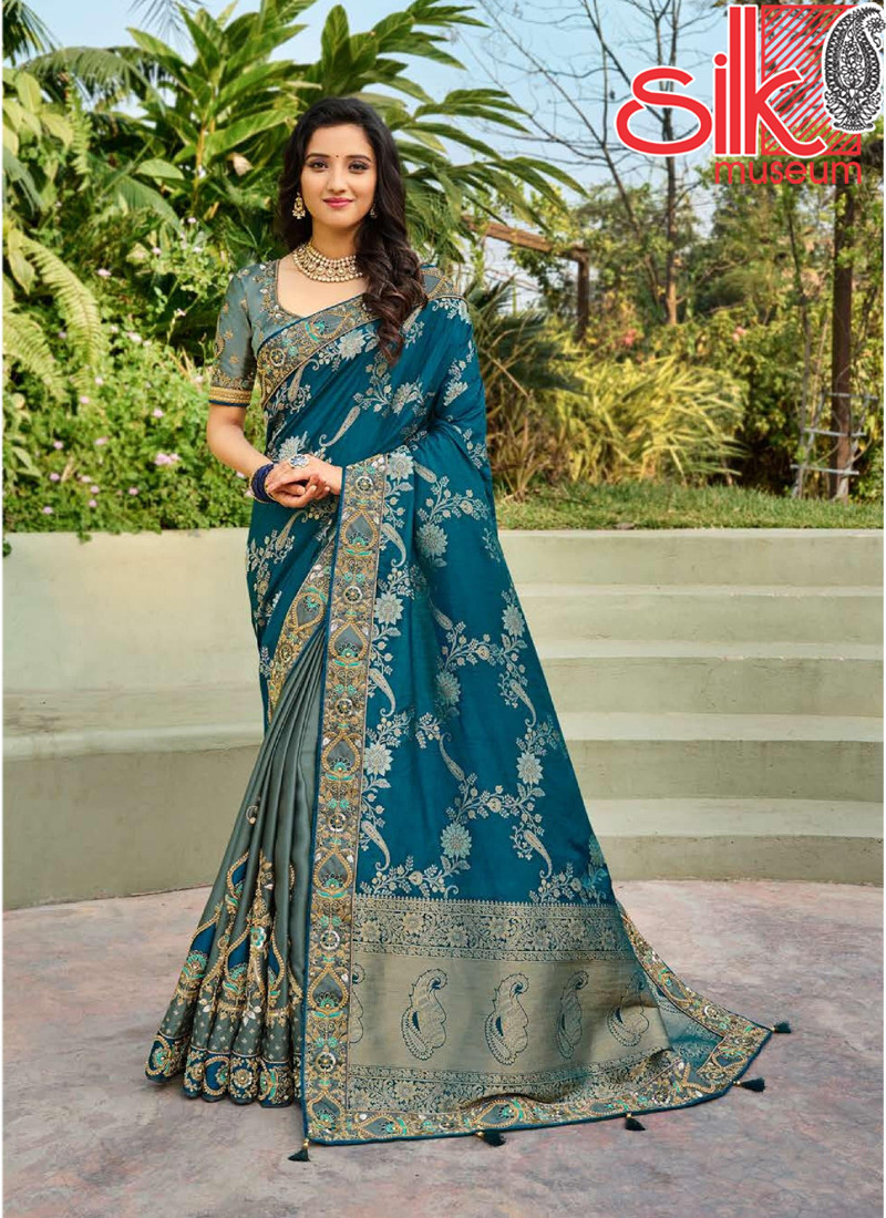 14734 Morpich Banarasi Heavy Raw Silk Sarees With Work