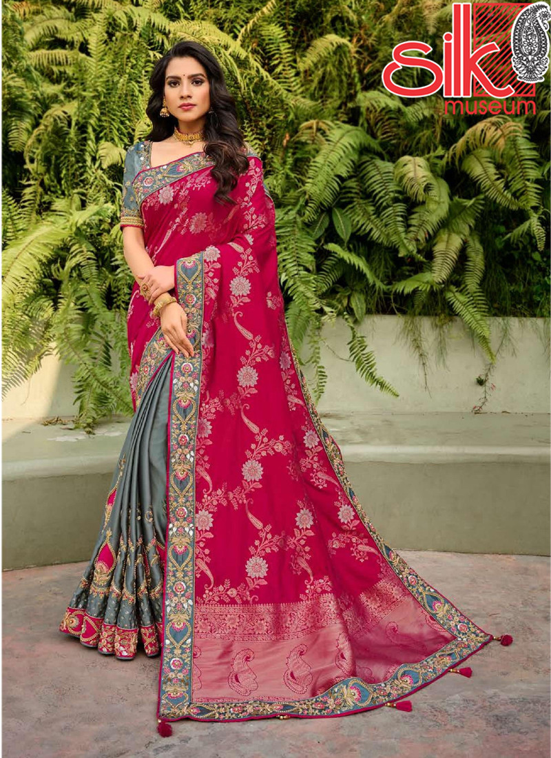 14735 Silver Rani Banarasi Heavy Raw Silk Sarees With Work