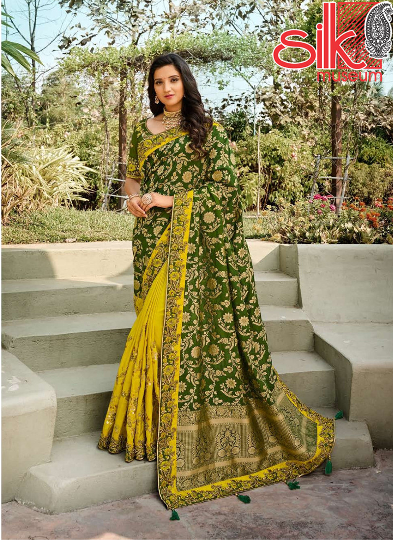 14736 Mustard Green Banarasi Heavy Raw Silk Sarees With Work
