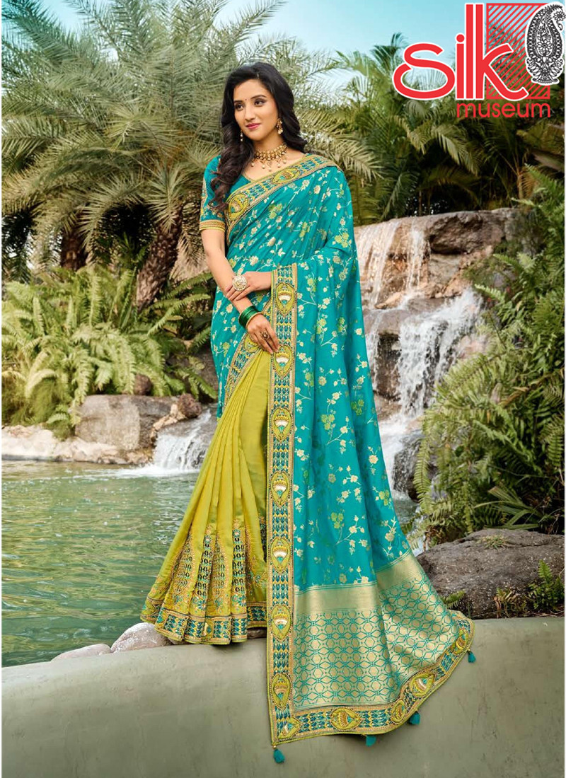 14737 Parrot Green Banarasi Heavy Raw Silk Sarees With Work