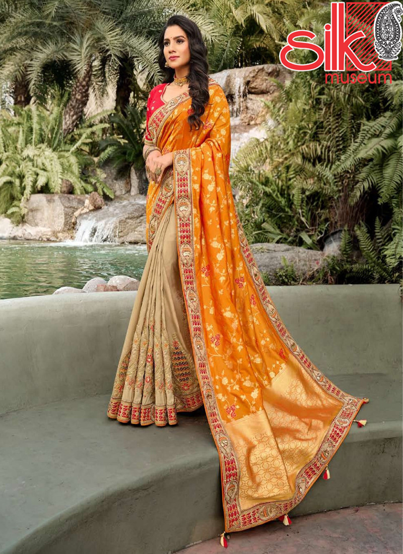 14738 Gold Mustard Banarasi Heavy Raw Silk Sarees With Work