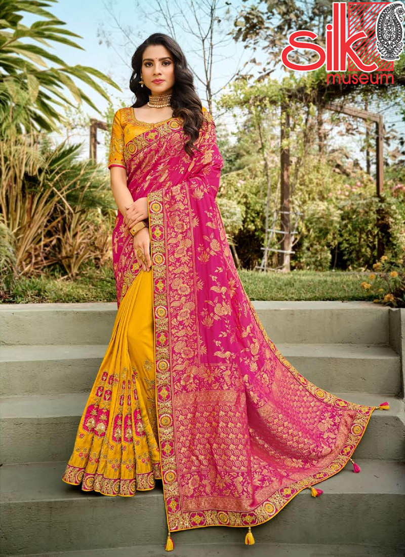 Yellow Rani Banarasi  Heavy Raw Silk Sarees With Work