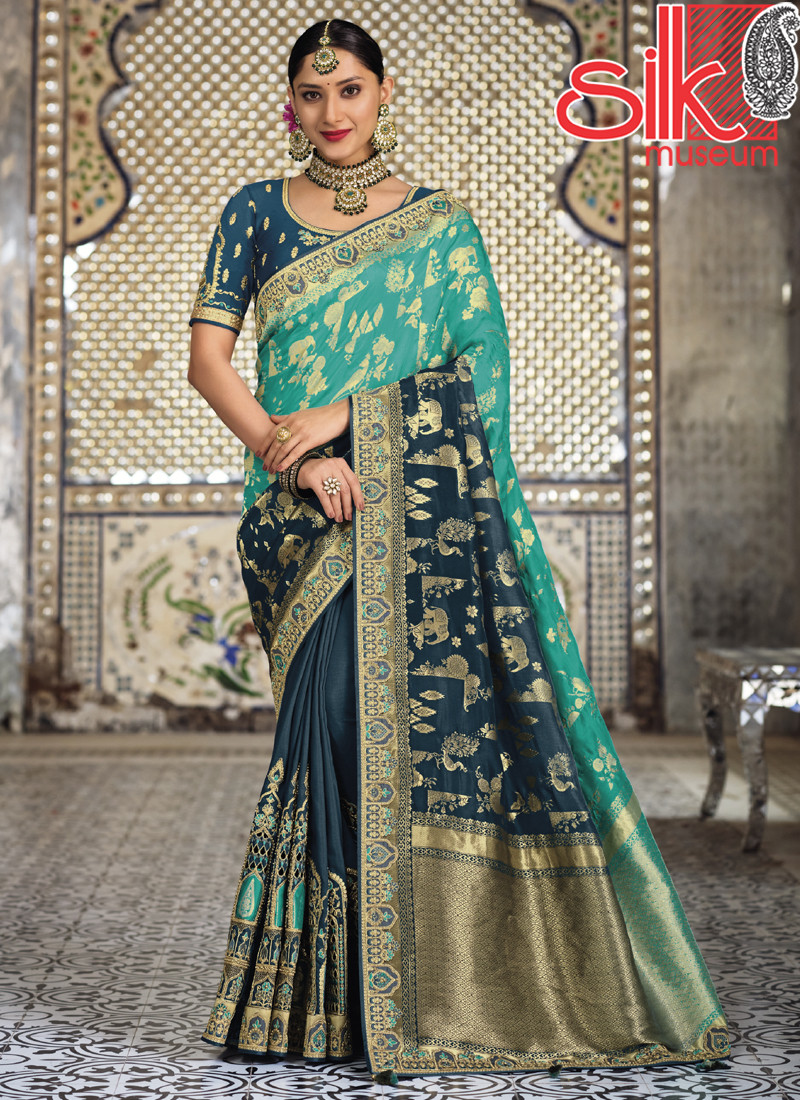 14741 Morpich Blue Banarasi Heavy Raw Silk Sarees