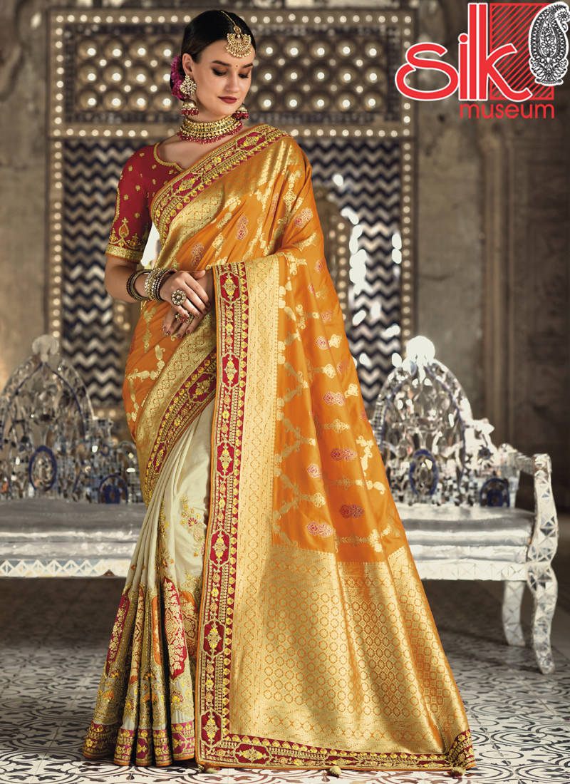 14742 Mustard Cream Banarasi Heavy Raw Silk Sarees