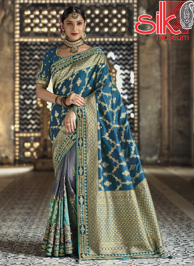 14743 Grey Morpich Banarasi Heavy Raw Silk Sarees