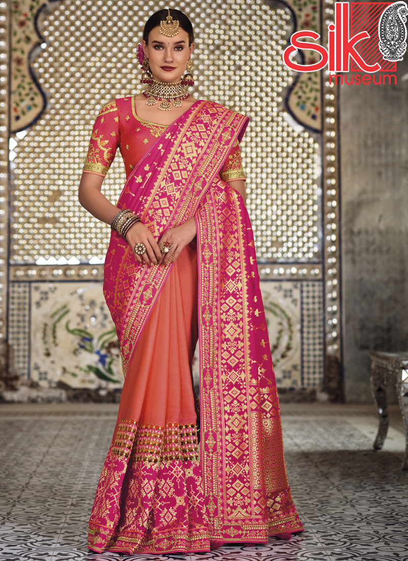 14744 Peach Rani Banarasi Heavy Raw Silk Sarees