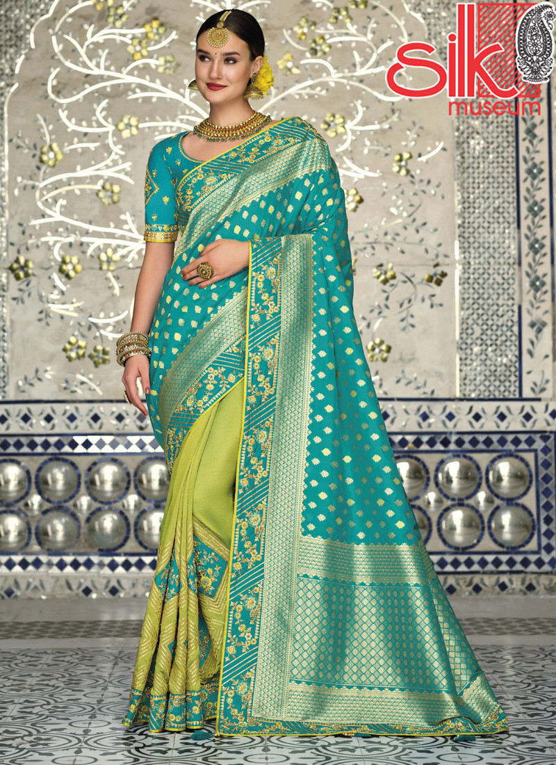 14745 Green Rama Banarasi Heavy Raw Silk Sarees
