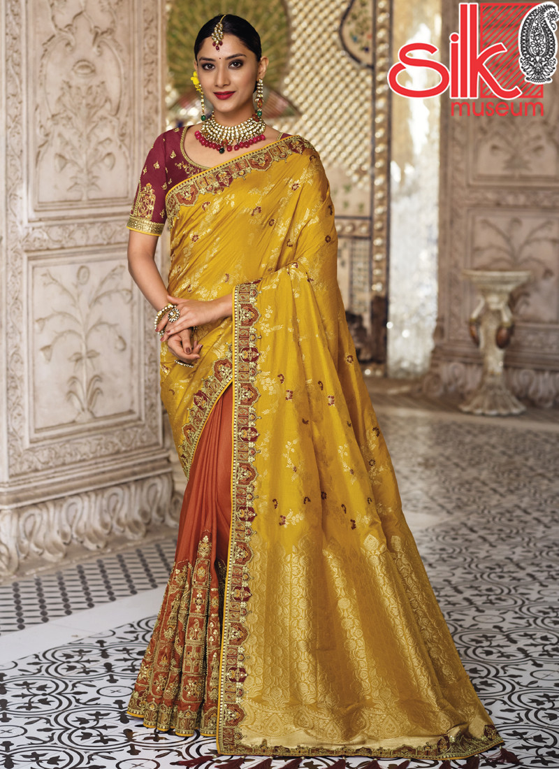 14746 Mustard Rust Banarasi Heavy Raw Silk Sarees