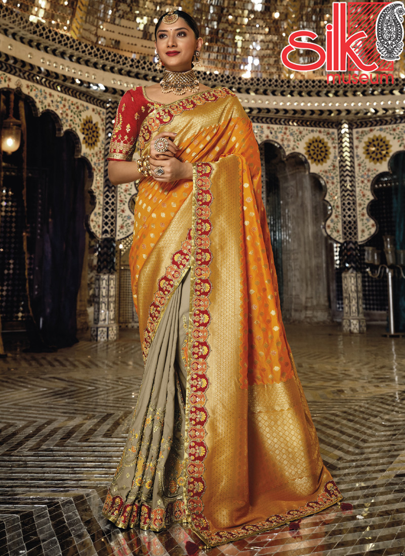 14747 Mustard Gold Banarasi Heavy Raw Silk Sarees