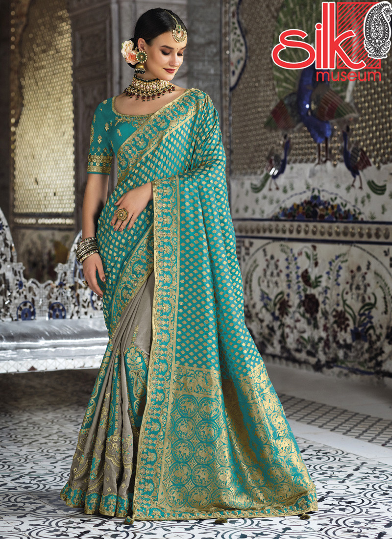 14748 Turquoise Silver Banarasi Heavy Raw Silk Sarees