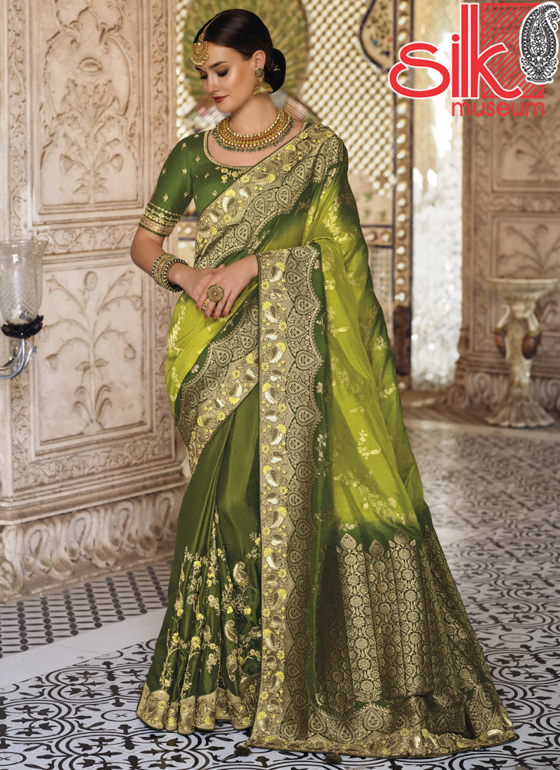 14749 Green Banarasi Heavy Raw Silk Sarees