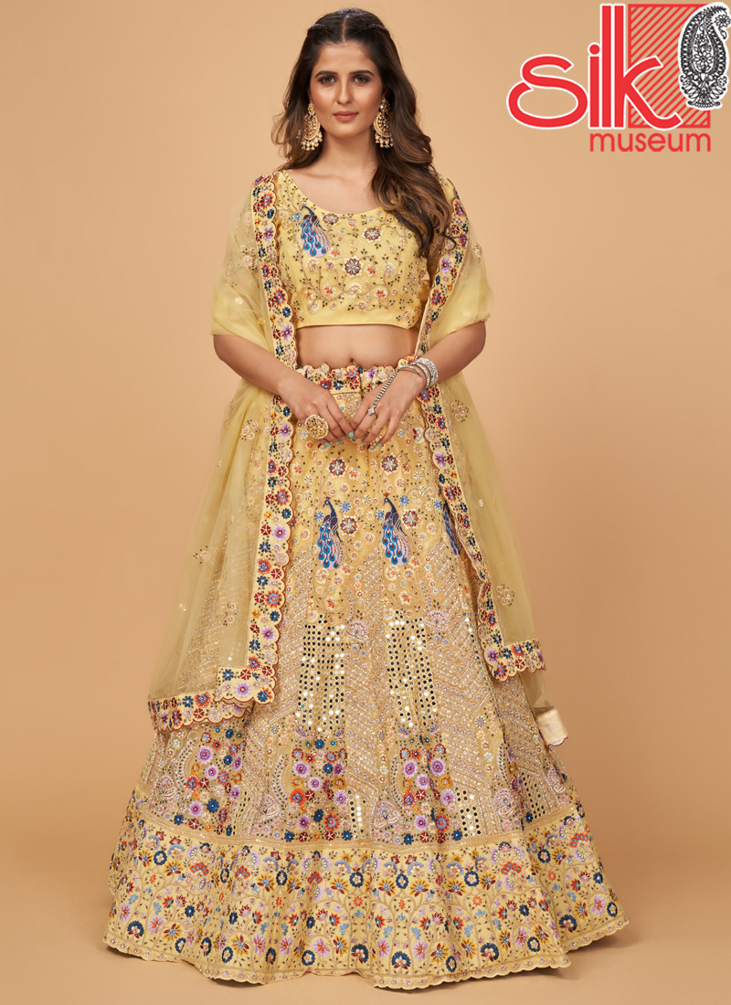 14750 Lemon Yellow Lehenga Choli With Embroidery & Mirror Work