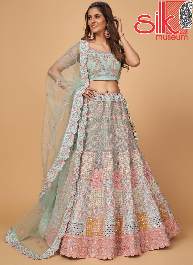 Sky Blue Lehenga Choli With Embroidery,Mirror & Stone Work