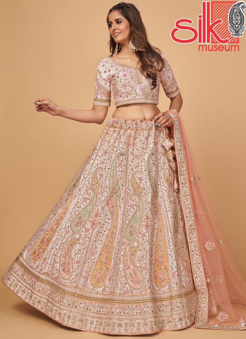 14755 Peach Pink Lehenga Choli With Embroidery & Stone Work
