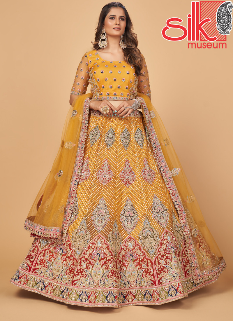 14756 Mustard Yellow Lehenga Choli With Embroidery & Stone Work