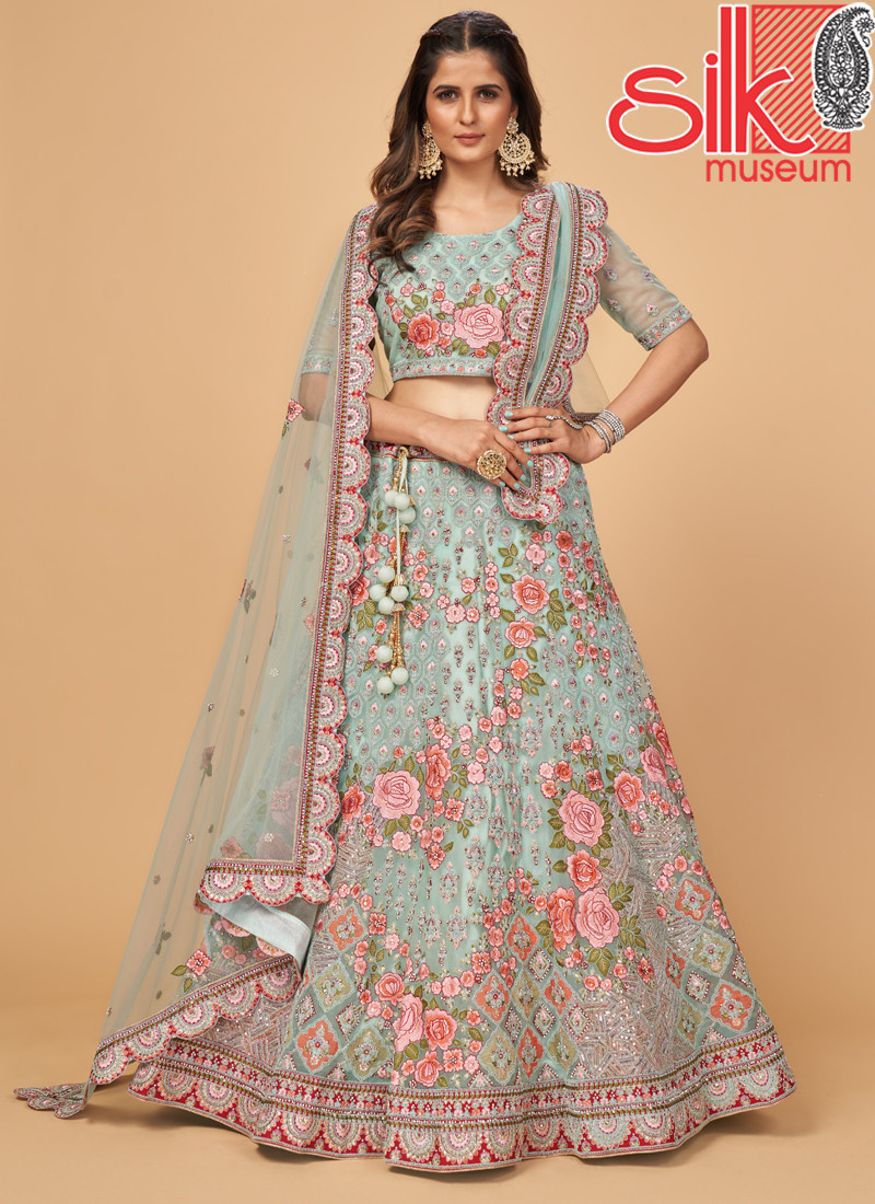 Turquoise Lehenga Choli With Embroidery & Stone Work