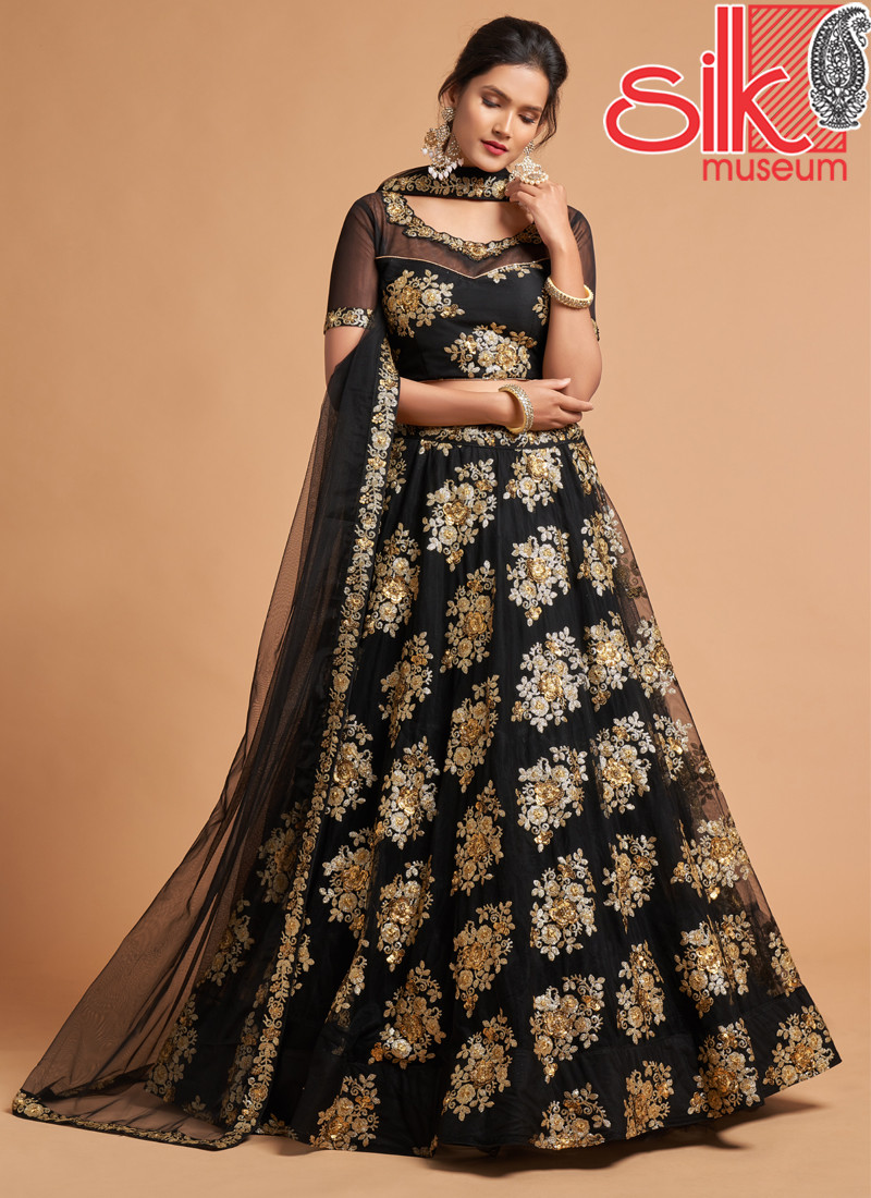 14760 Black Lehenga Choli Net With Zari,Sequins & Embroidery Work