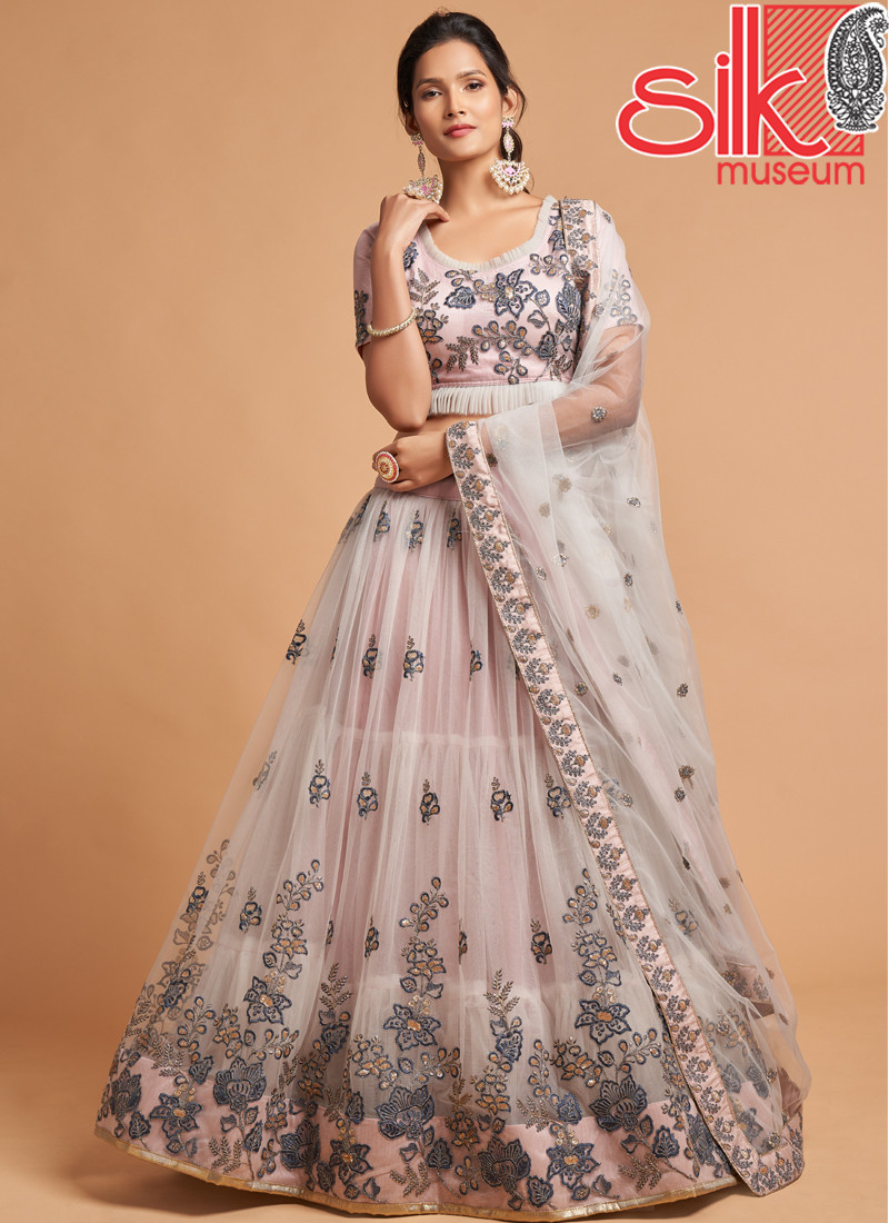 14761 Grey Lehenga Choli Net With Zari,Sequins,Dori,Thread & Embroidery Work