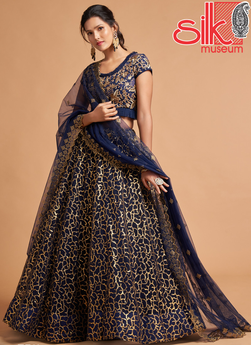 14765 Navy Blue Lehenga Choli Net With Zari,Badla,Dori,Thread & Embroidery Work