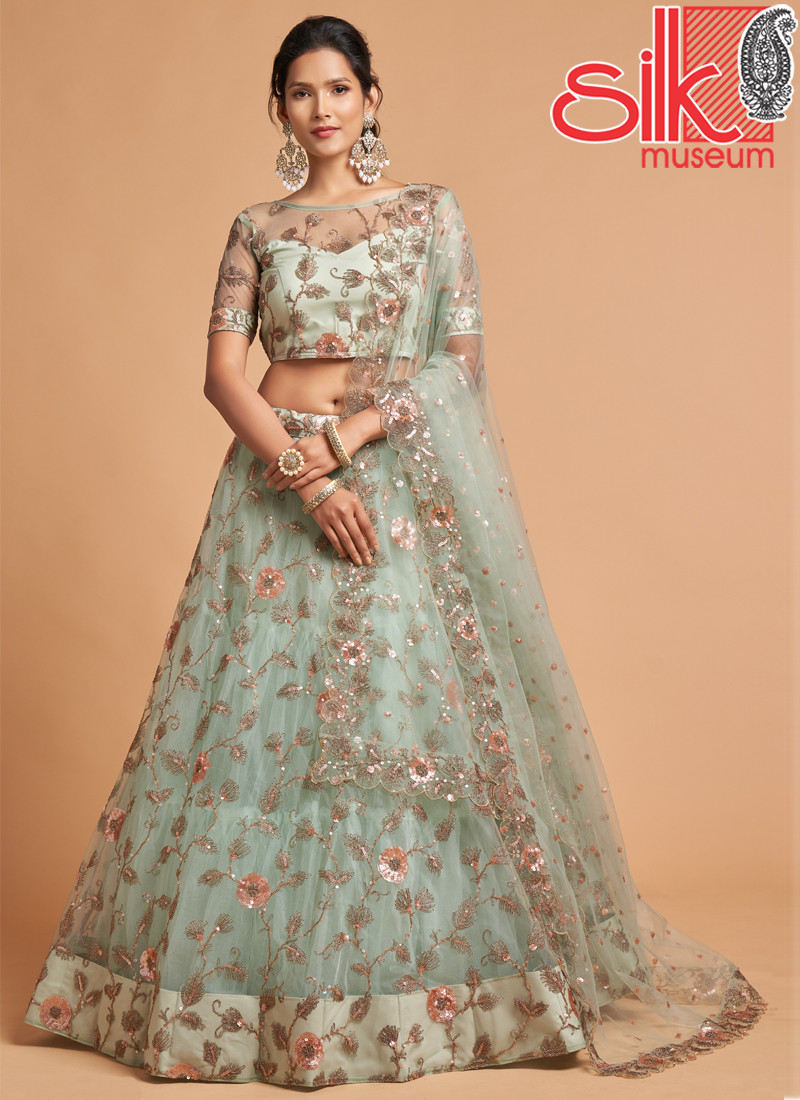 Sky Blue Lehenga Choli Net With Zari,Sequins,Dori & Embroidery Work