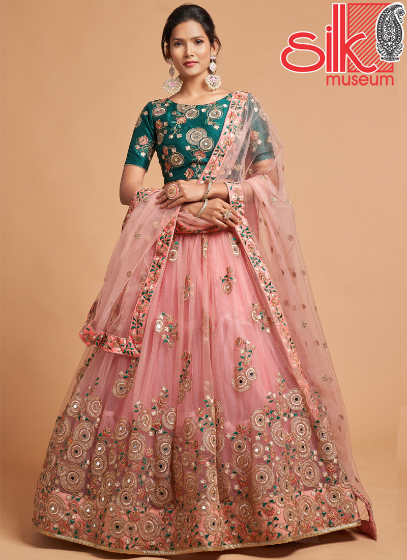 14770 Peach Lehenga Choli Net With Zari,Sequins,Dori,Thread & Embroidery Work