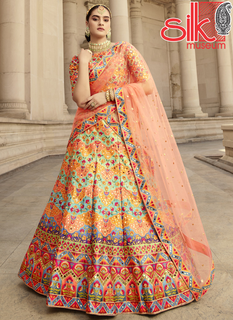 14772 Multi Color Lehenga Choli Art Silk,Net Embroidery With Print & Mirror Work