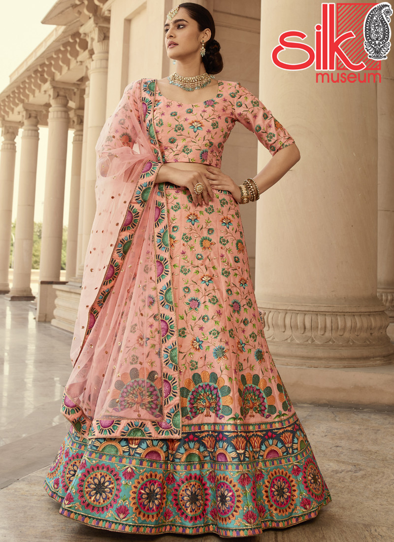 14774 Peach Lehenga Choli Art Silk,Net Embroidery With Print & Swarovski Work