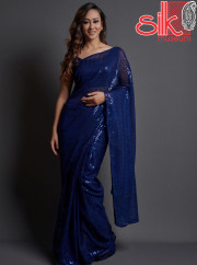 Navy Blue Georgette Embellished Saree Wi