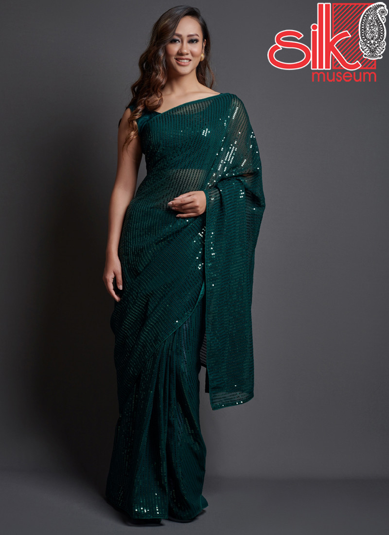 14777 Green Georgette Embellished Saree With Blouse Piece