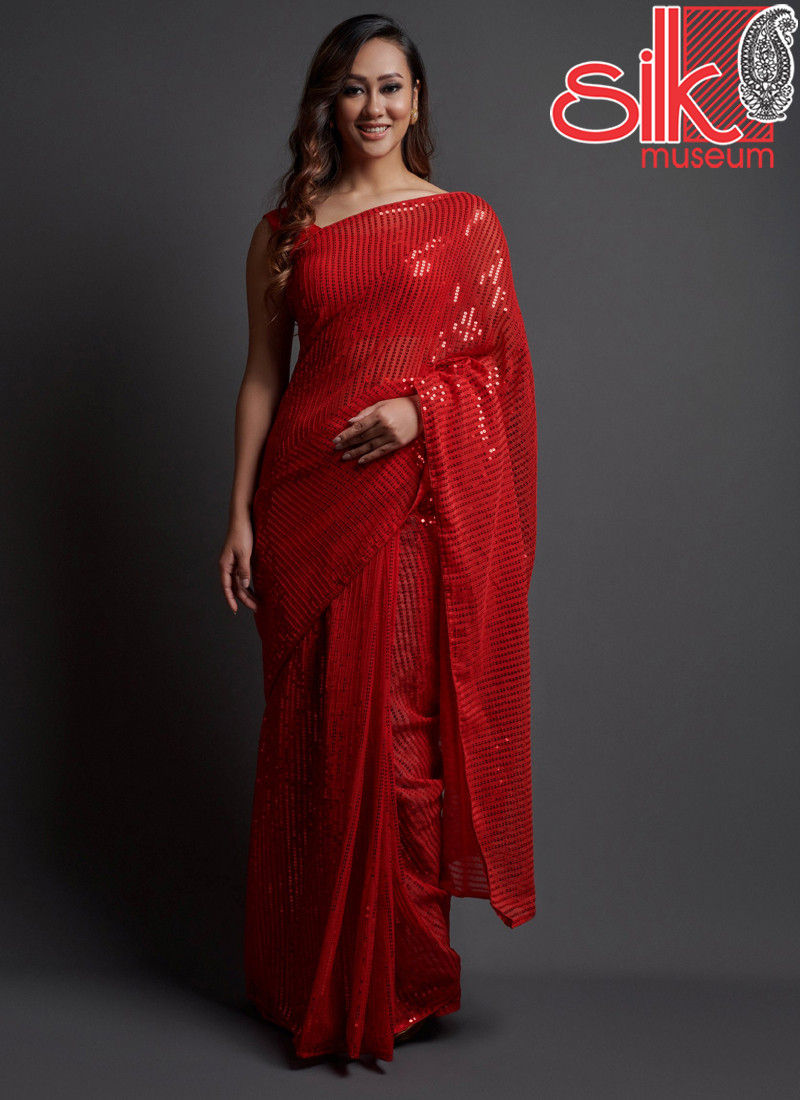 14779 Red Georgette Embellished Saree With Blouse Piece