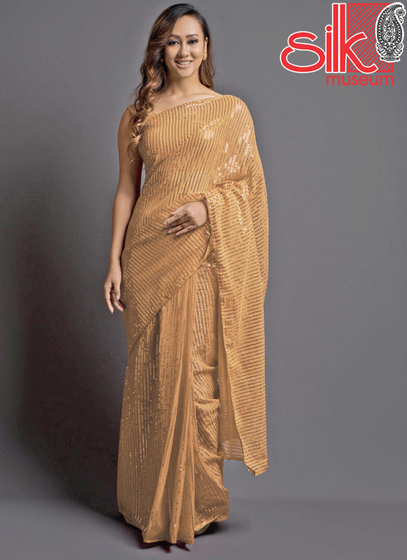 14781 Gold Georgette Embellished Saree With Blouse Piece