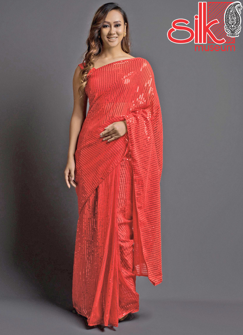 14782 Coral Georgette Embellished Saree With Blouse Piece