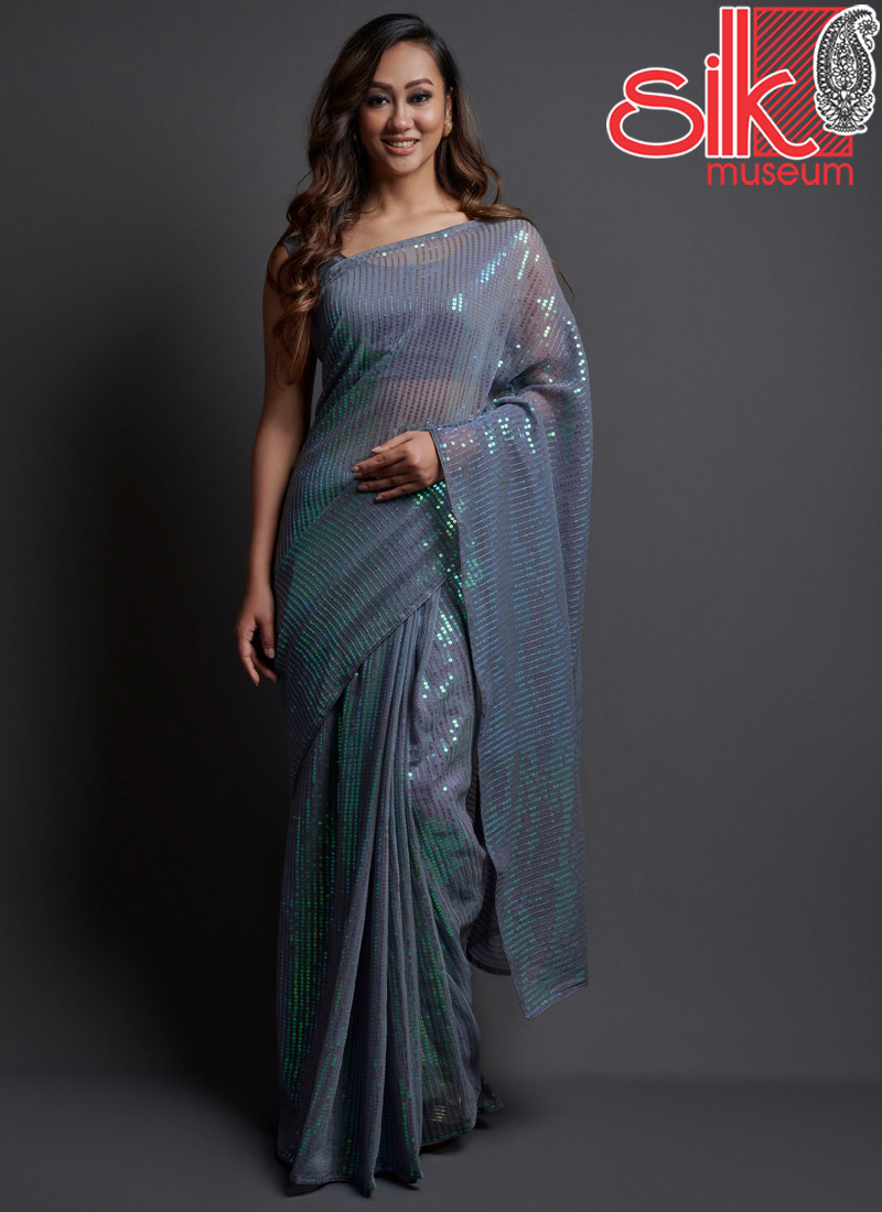 14783 Grey Georgette Embellished Saree With Blouse Piece