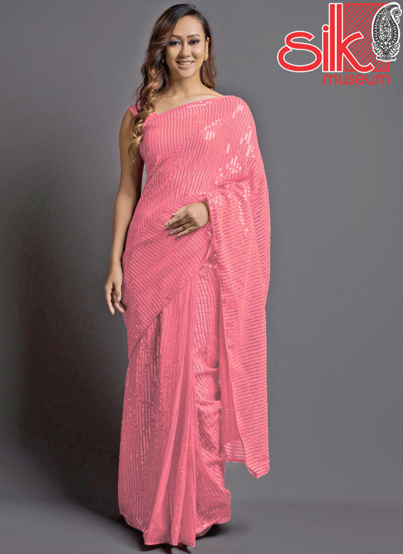 14785 Pink Georgette Embellished Saree With Blouse Piece