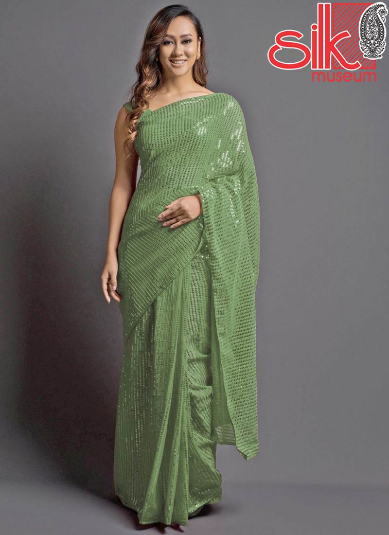 14786 Light Green Georgette Embellished Saree With Blouse Piece