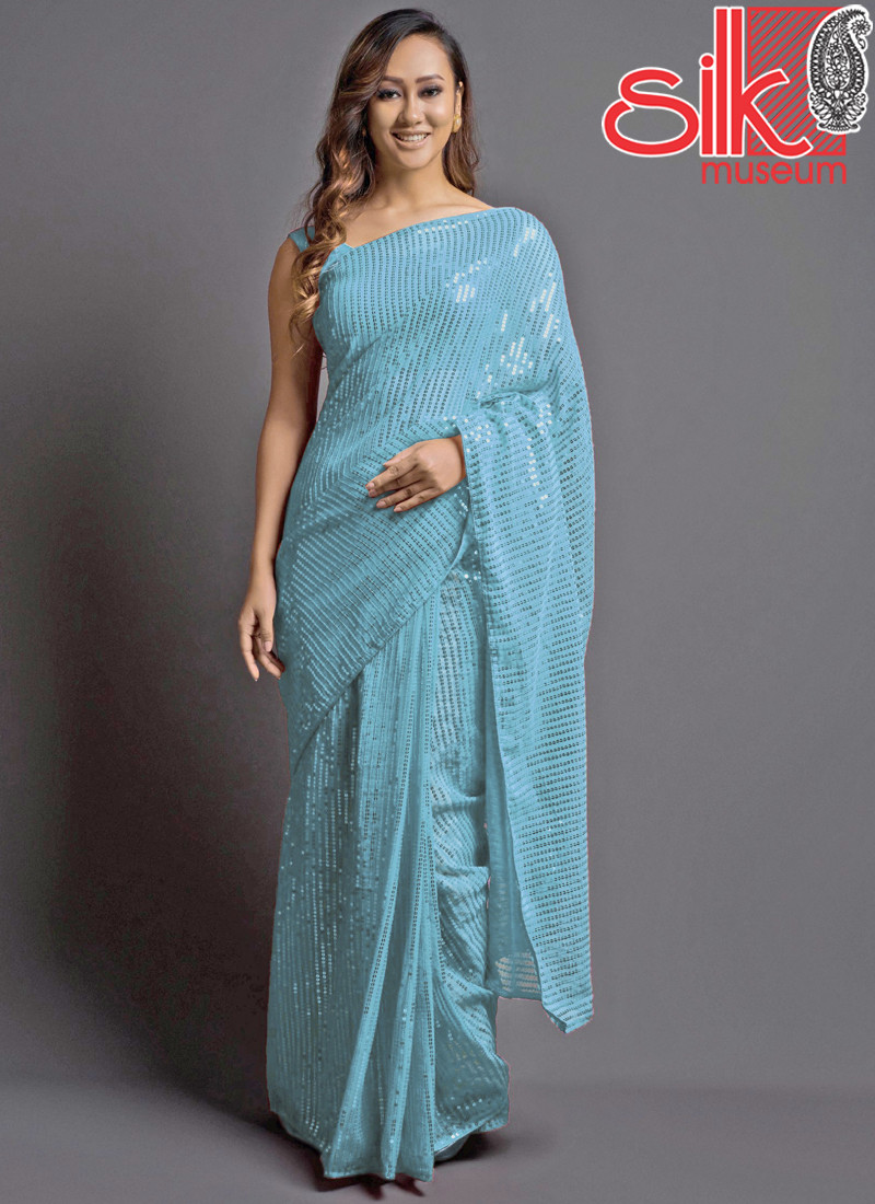 Sky Blue Georgette Embellished Saree With Blouse Piece