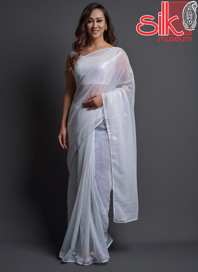 14788 White Georgette Embellished Saree With Blouse Piece