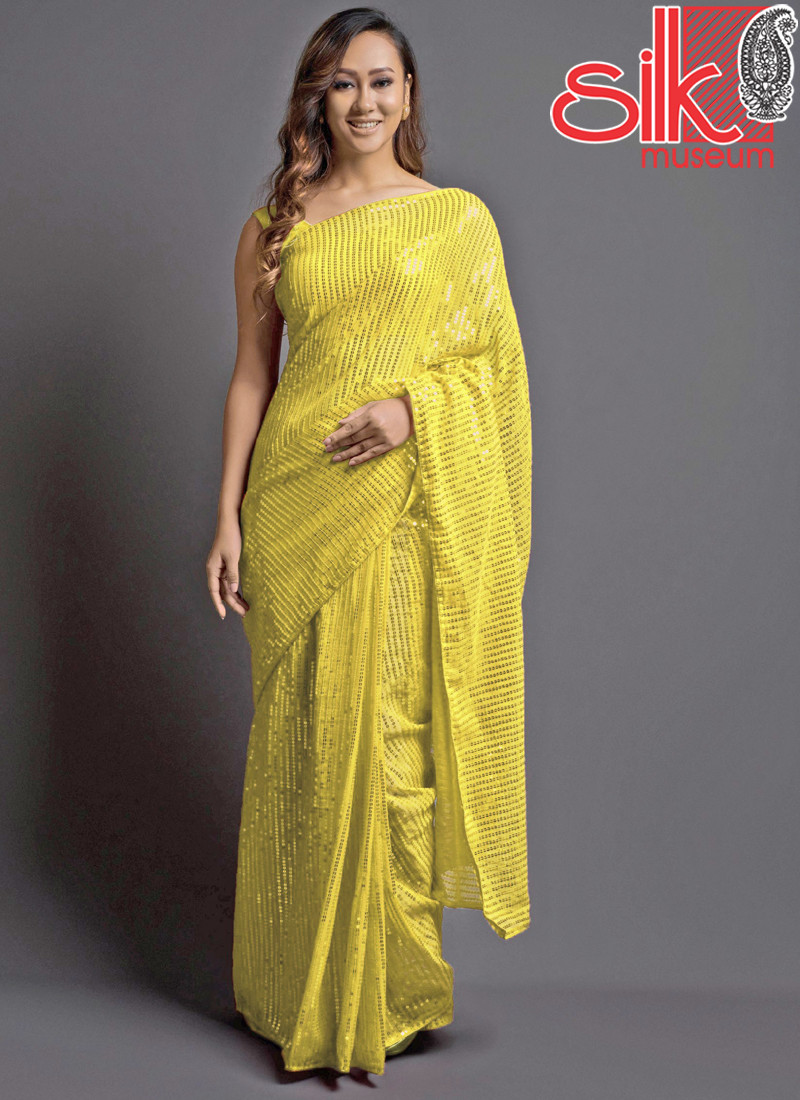 14789 Yellow Georgette Embellished Saree With Blouse Piece