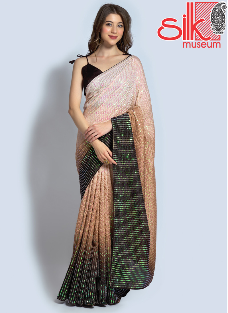 14791 Brown Georgette Embellished Saree With Blouse Piece