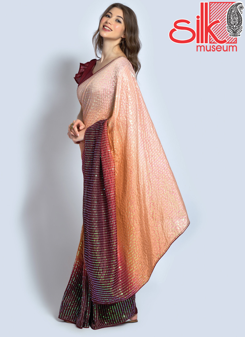14795 Maroon Georgette Embellished Saree With Blouse Piece