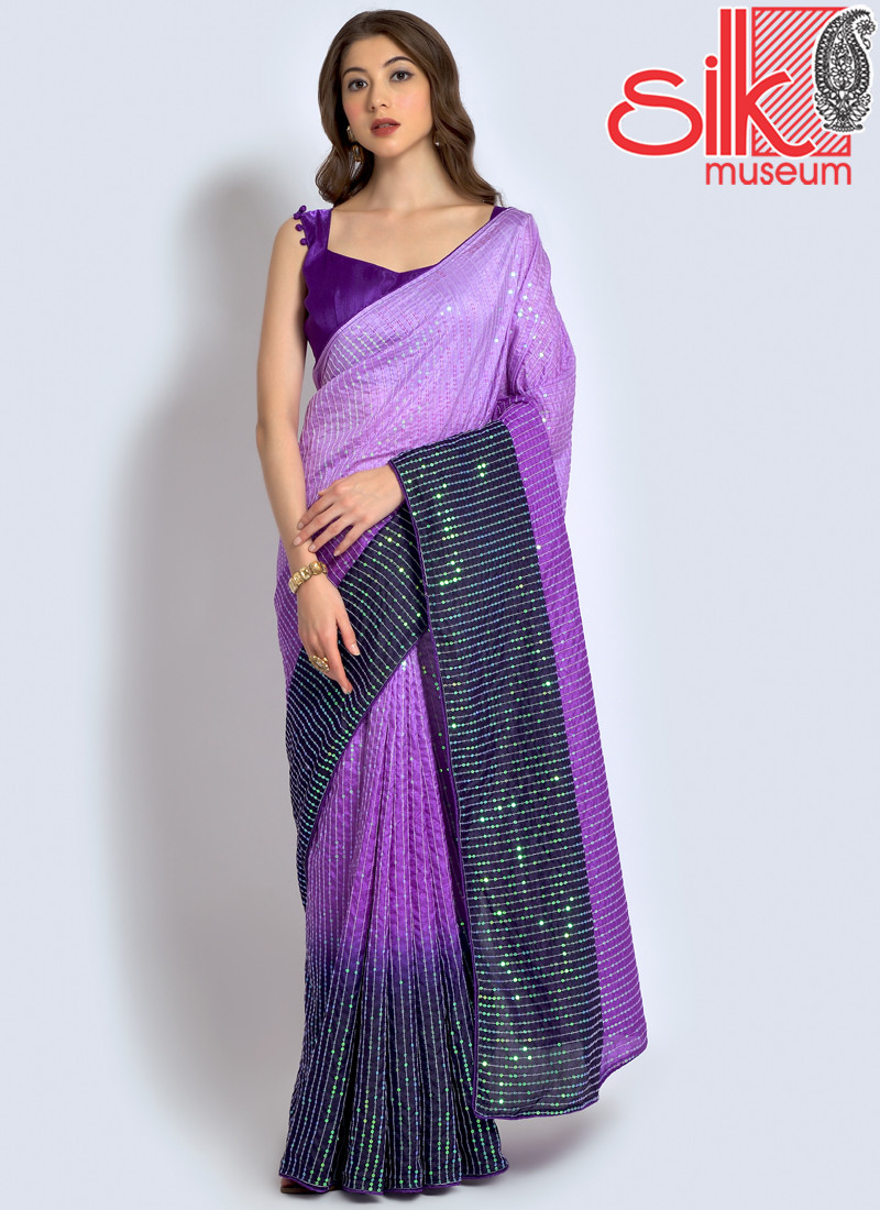 14796 Purple Green Georgette Embellished Saree With Blouse Piece