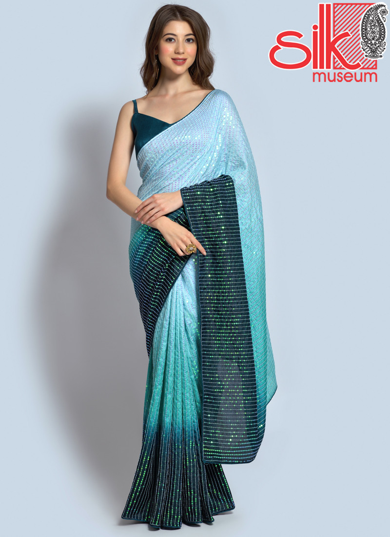 14797 Sea Green Georgette Embellished Saree With Blouse Piece