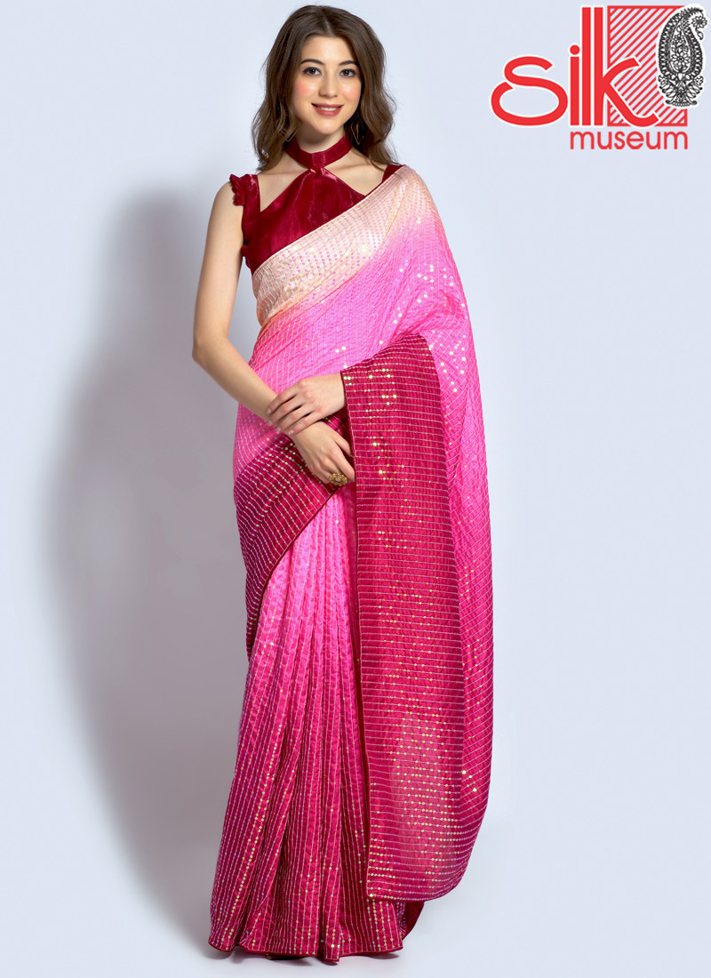 14798 Pink Red Georgette Embellished Saree With Blouse Piece