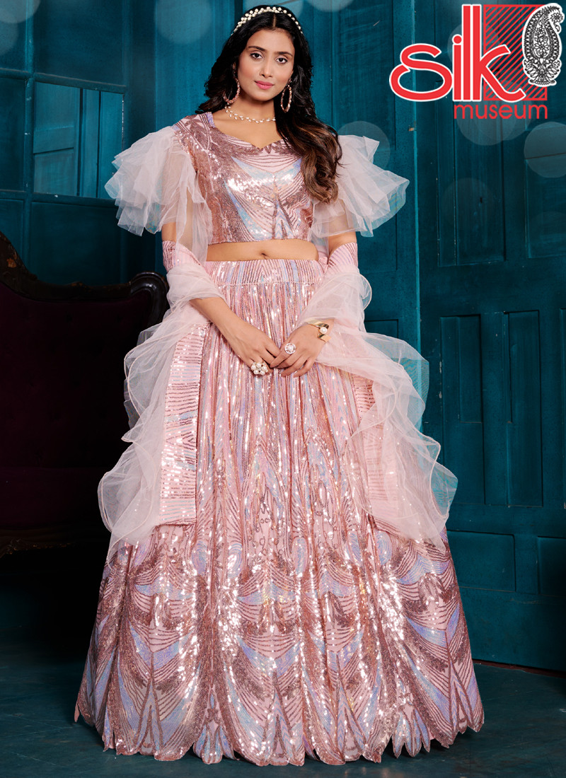 14801 Peach Heavy Lehenga Choli With Sequins & Stone Handwork With Elaborate Patterns