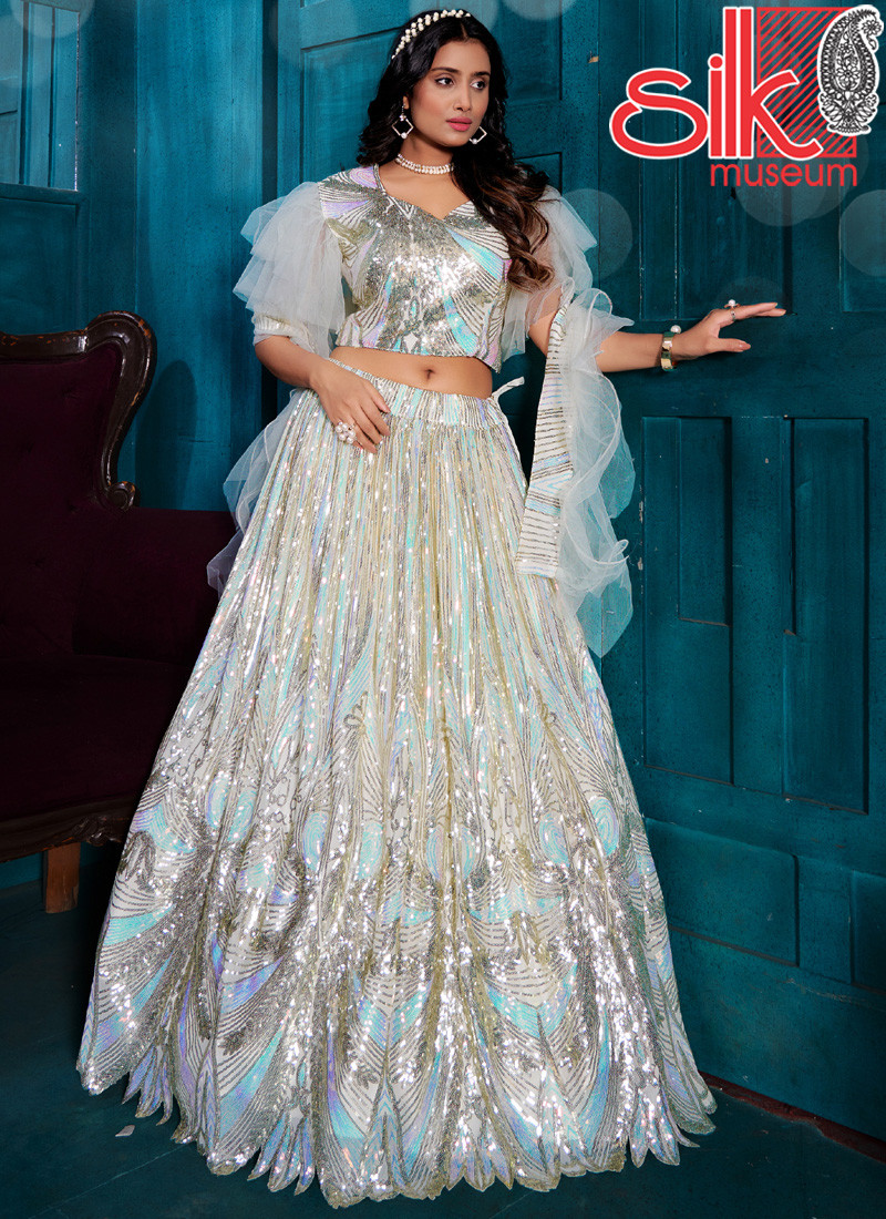 14802 Turquoise Heavy Lehenga Choli With Sequins & Stone Handwork With Elaborate Patterns