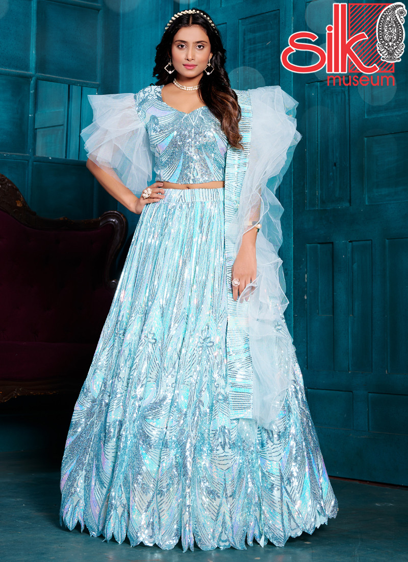 14803 Sky Blue Heavy Lehenga Choli With Sequins & Stone Handwork With Elaborate Patterns