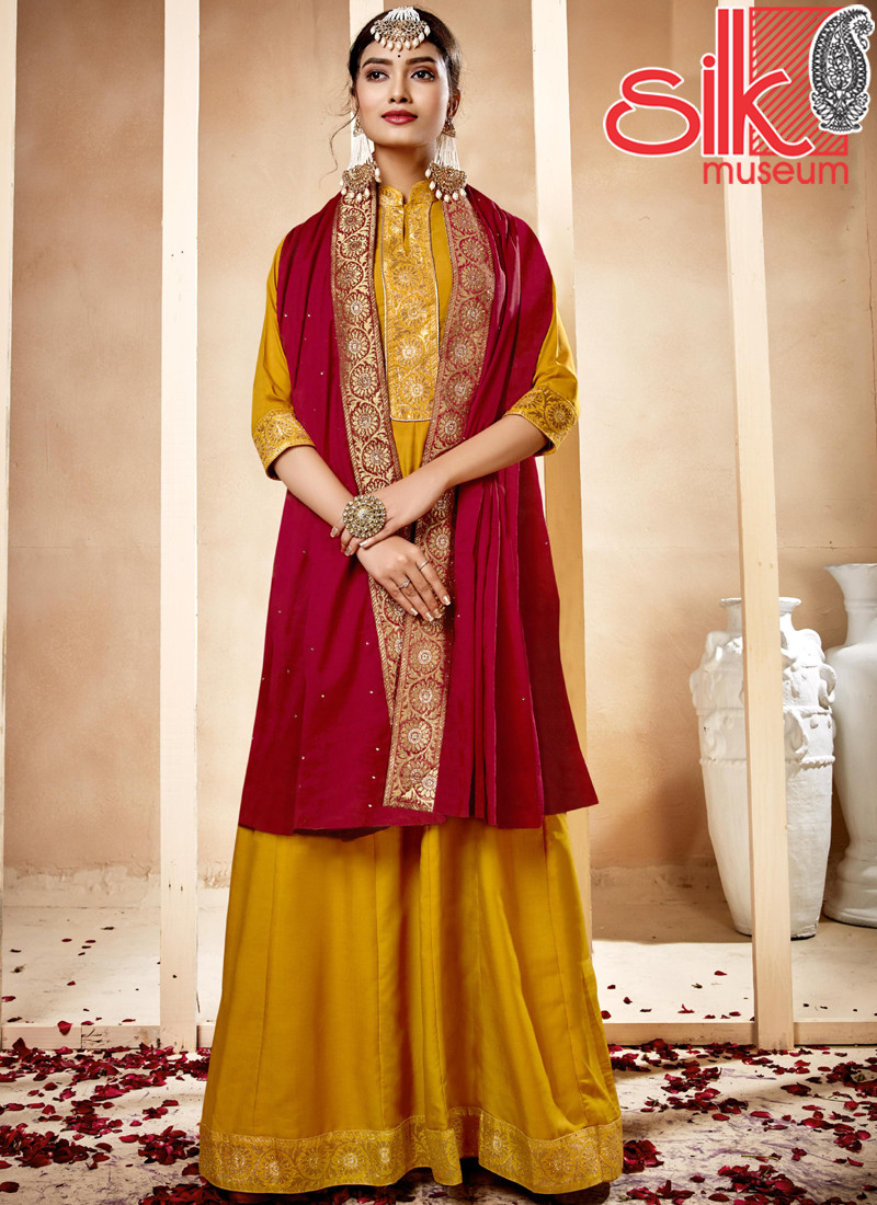 14809 Mustard Heavy Masleen with Dola Jacquard Lace & Handwork