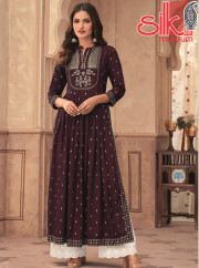 Wine Readymade Lucknowi Style Dresses Rayon With Digital HD Print