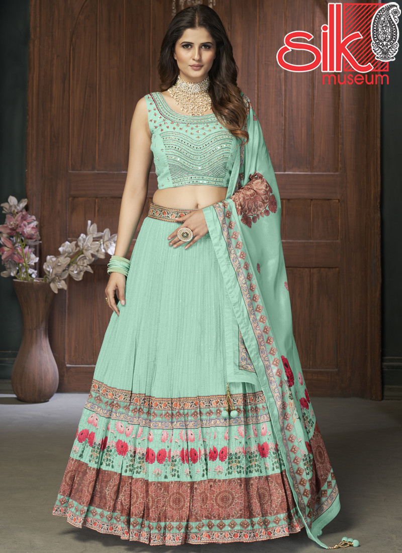 14815 Sea Green Lehenga Choli Chinon With Mirror,Handwork & Cut Work