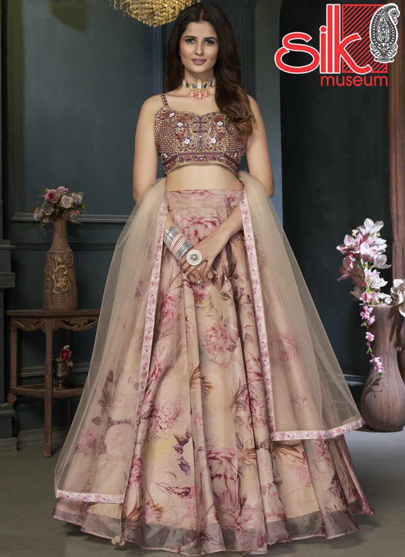 14818 Beige Lehenga Choli Silk & Organza,Net With Mirror,Print & Hand Work